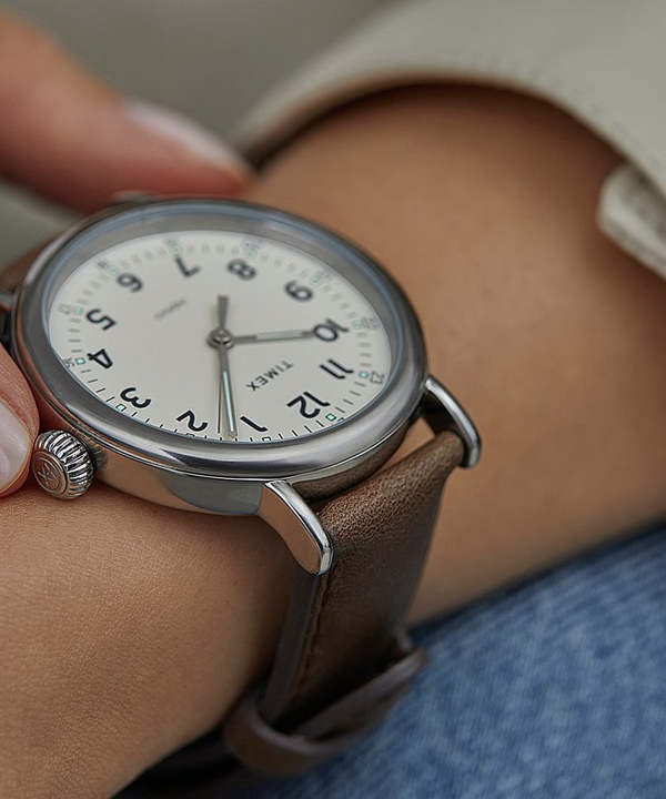 TIMEX クォーツ腕時計 シルバー/ブラウン Timex Standard 40mm Leather Strap Watch - Silver Tone/Brown/Green