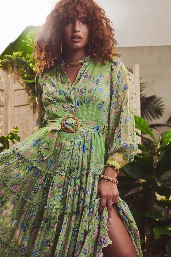 Hemant and Nandita Rhea Buckle Belt Midi Dress - Pear Green Floral |  Garmentory