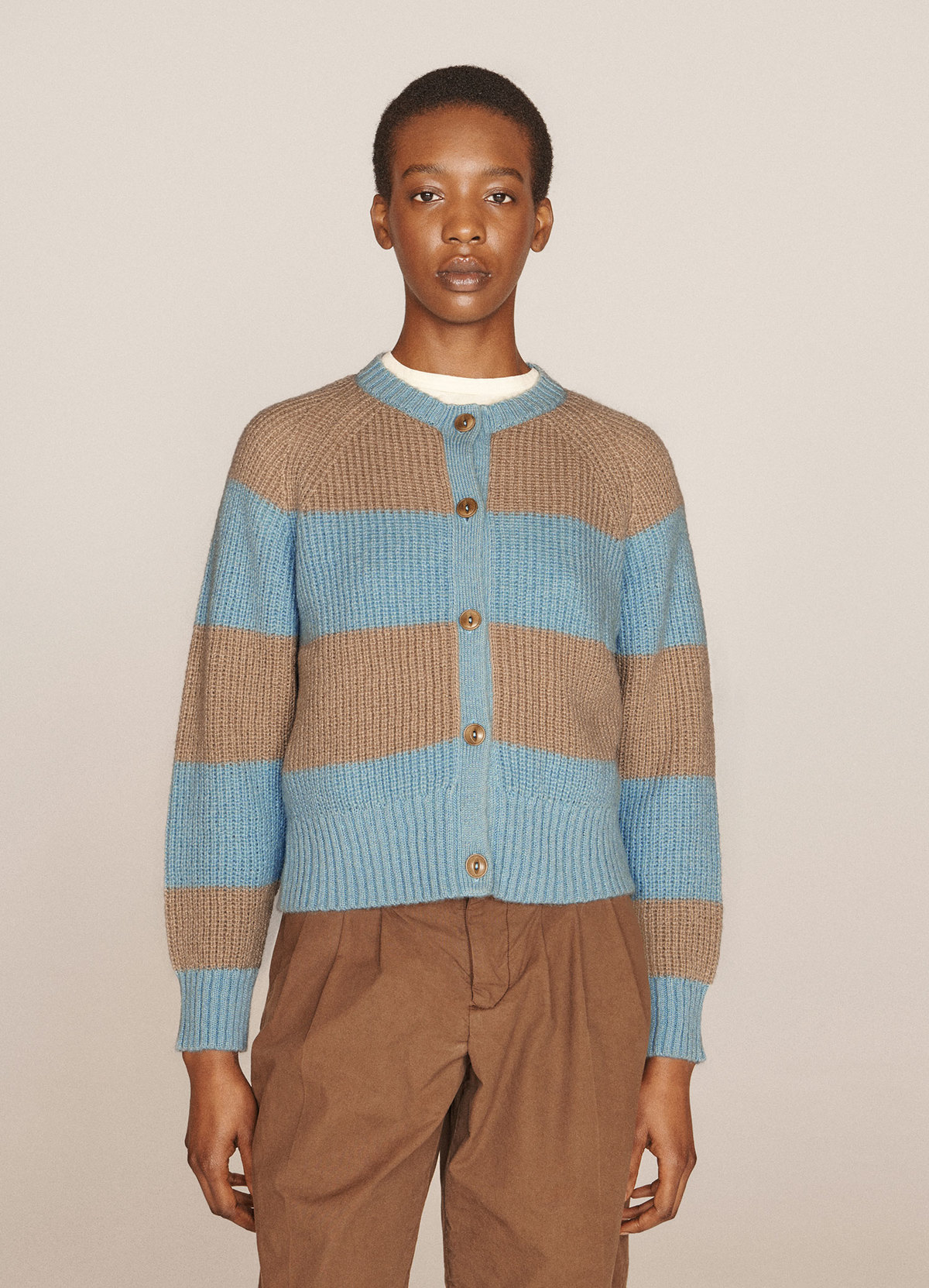 YMC Foxtail Mohair Stripe Mix Cardigan - Sand/Light Blue | Garmentory