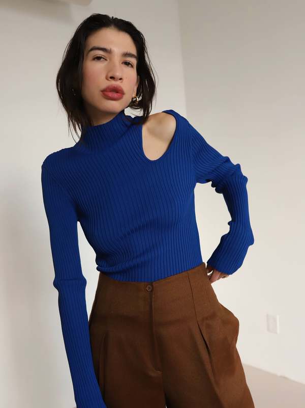 mesh cotton sweater in cobalt blue