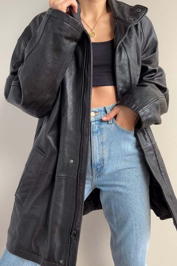 Vintage Leather Winter Zip Up Jacket - Carbon | Garmentory