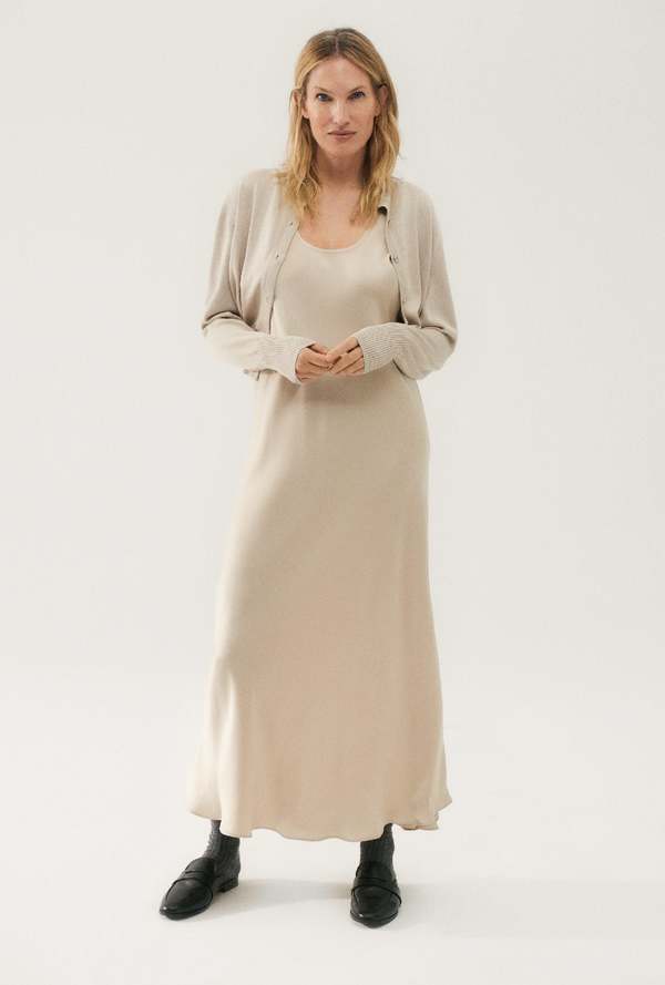 knee length dresses for ladies Ribbed Long Sleeve Cropped Cardigan and Cami Dress Set Rust / M main image 1