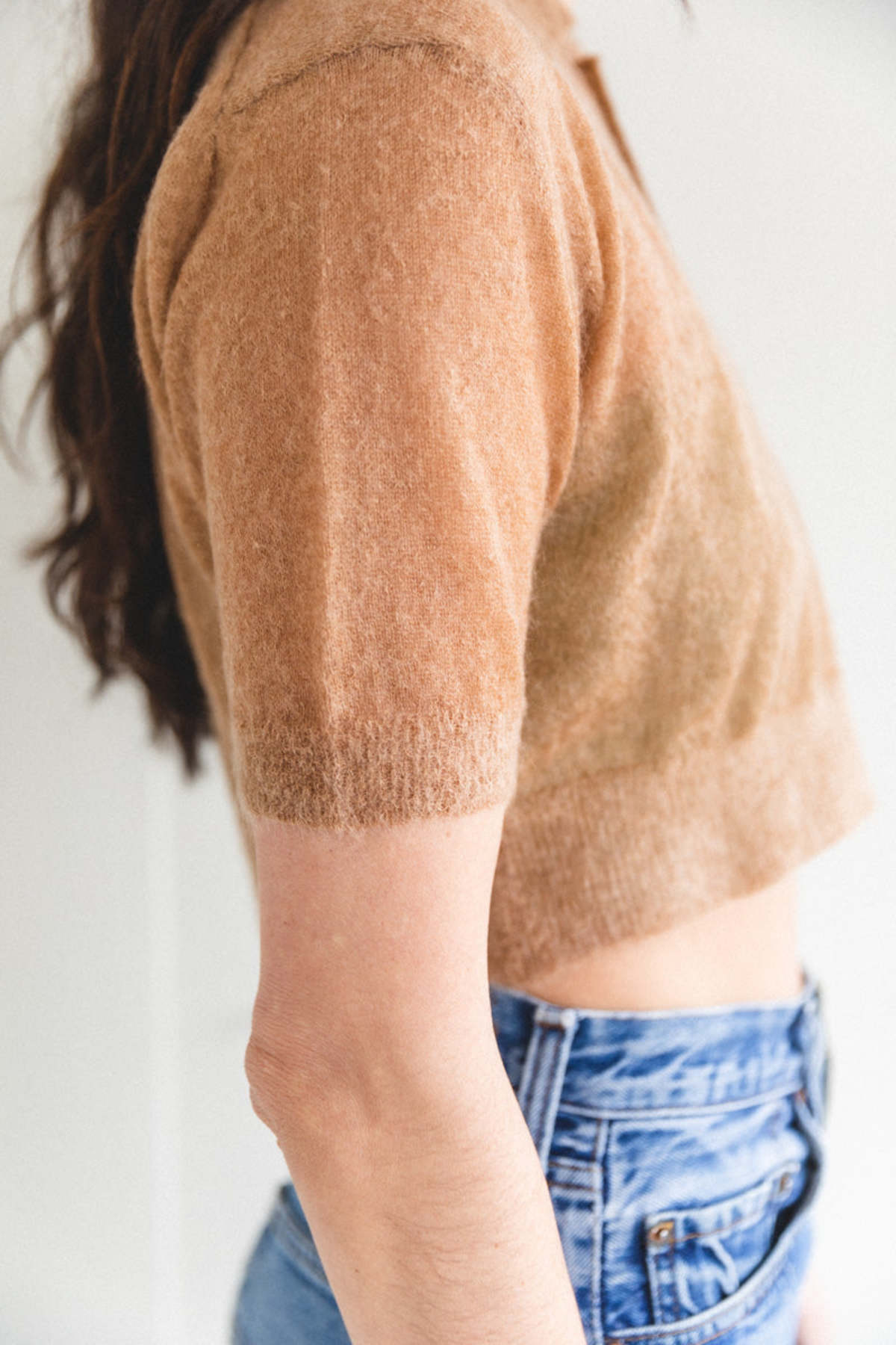 Auralee KID MOHAIR SHEER KNIT POLO - CAMEL | Garmentory