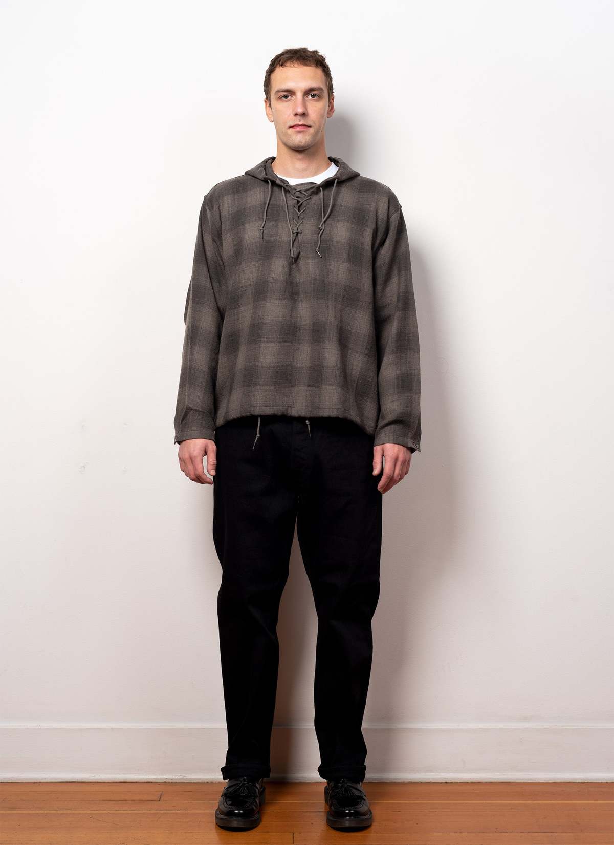 Phigvel Makers & Co. RACE UP HOODED SHIRT - OLIVE/GRAY | Garmentory