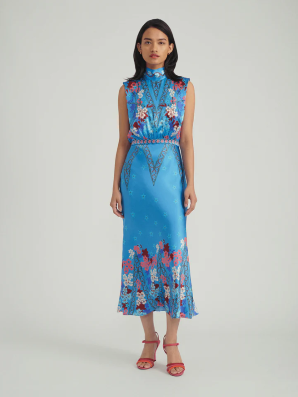 white midi dress with blue flowers Bluebell Blue and White Floral Midi Dress L
