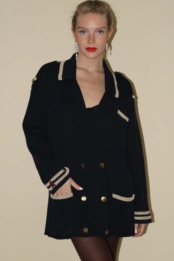 Vintage Double Breasted Sweater Blazer with Gold Piping Navy Garmentory
