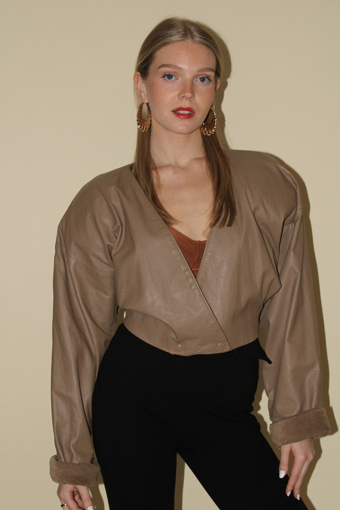 Vintage Leather Dolman Sleeve Cropped Jacket - Taupe | Garmentory