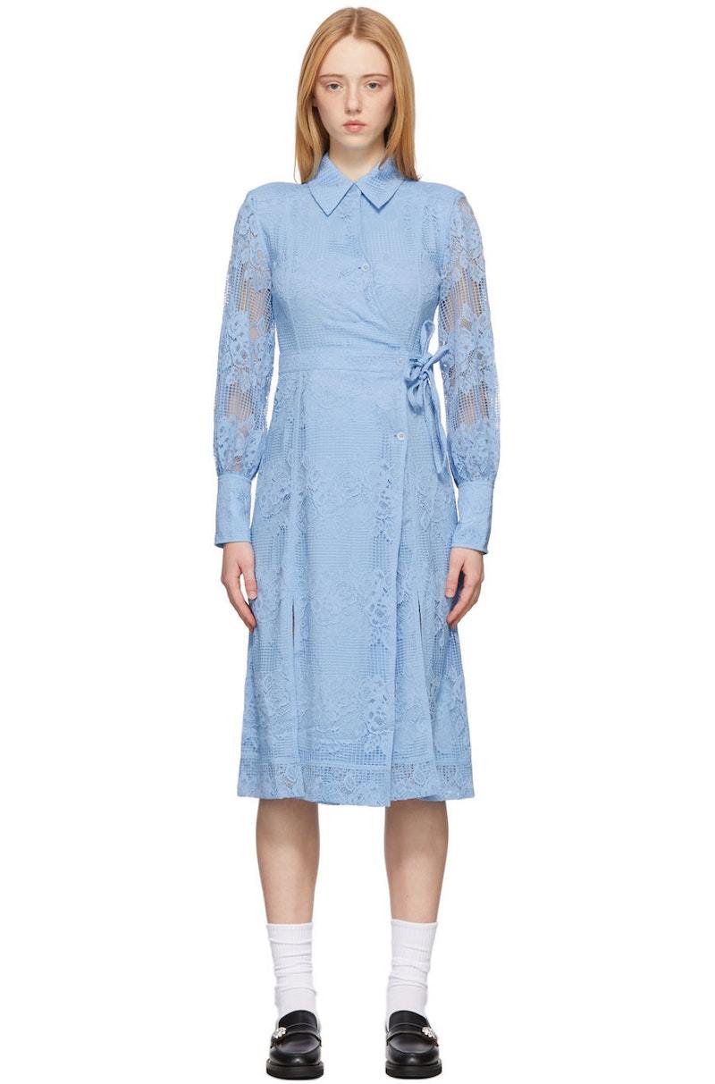 ganni lace dress blue GANNI Lace Ruffled Embroidered Mini Dress | Blue