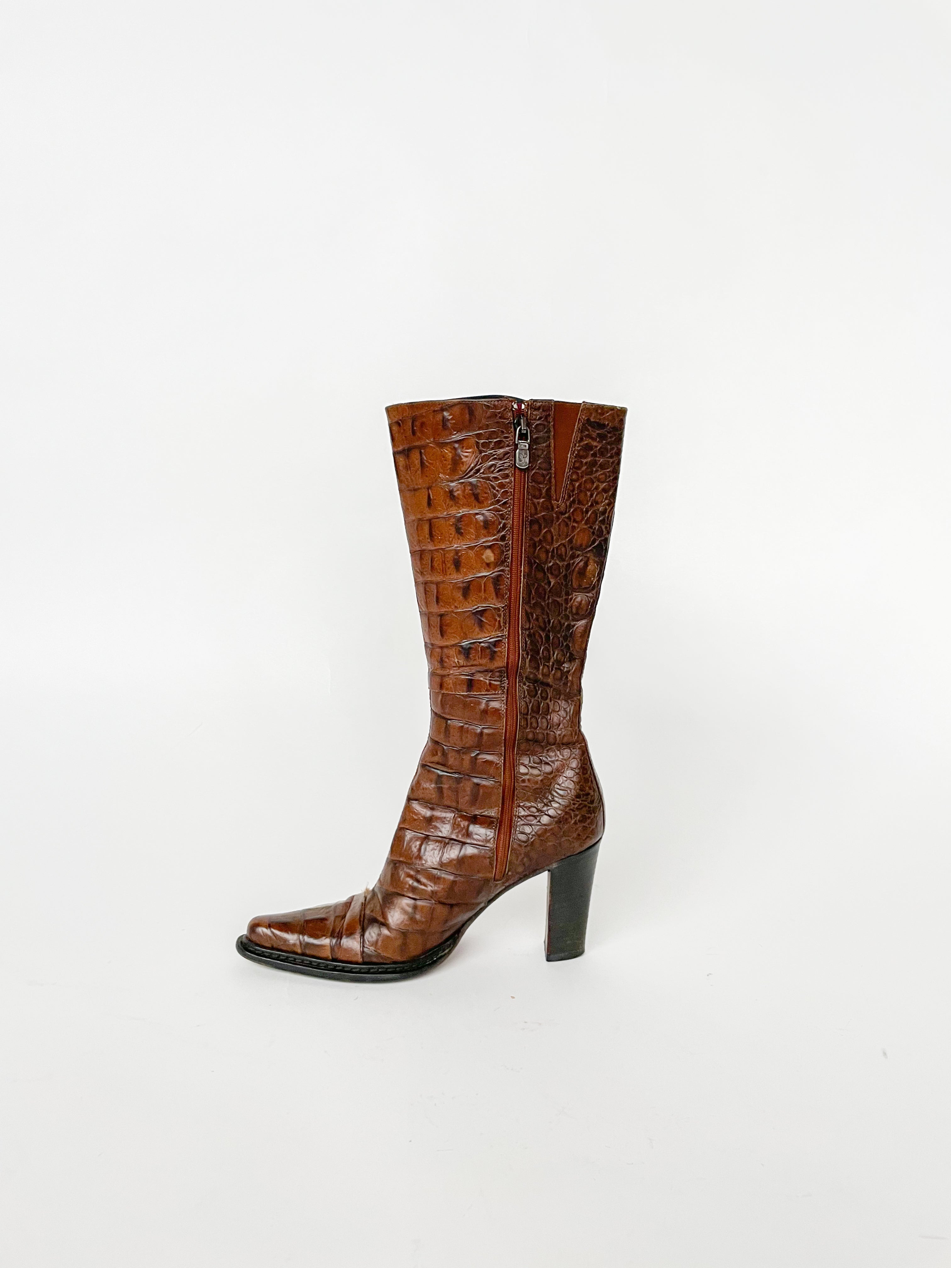 Embossed Leather Boots Brown Croc Garmentory