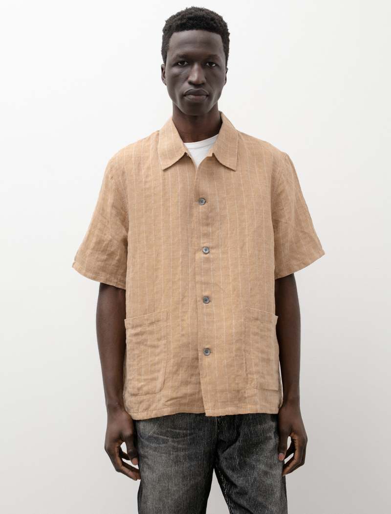 Our Legacy Elder Shirt Shortsleeve - Oat Texan Pinstripe | Garmentory