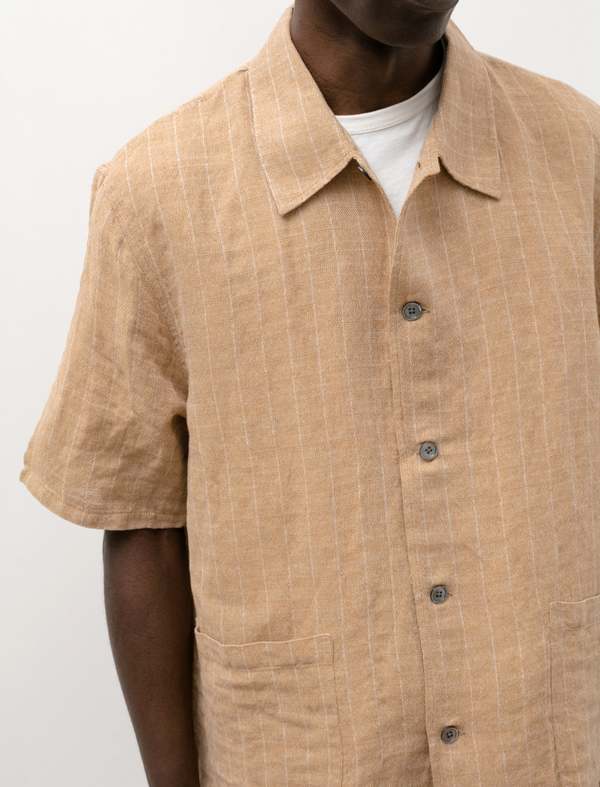 Our Legacy Elder Shirt Shortsleeve - Oat Texan Pinstripe | Garmentory