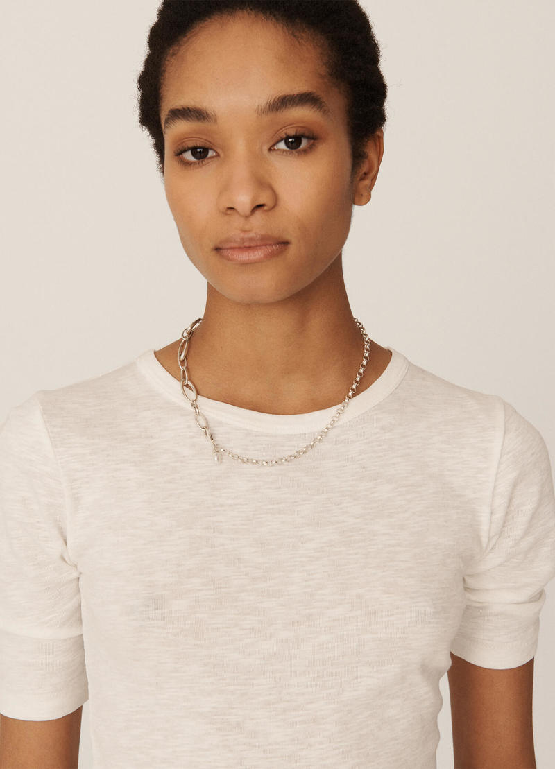 Pearl Mix Malti Chain Necklace （Silver） Mixed Pearl on Chain Toggle Necklace, Half Pearl and Half