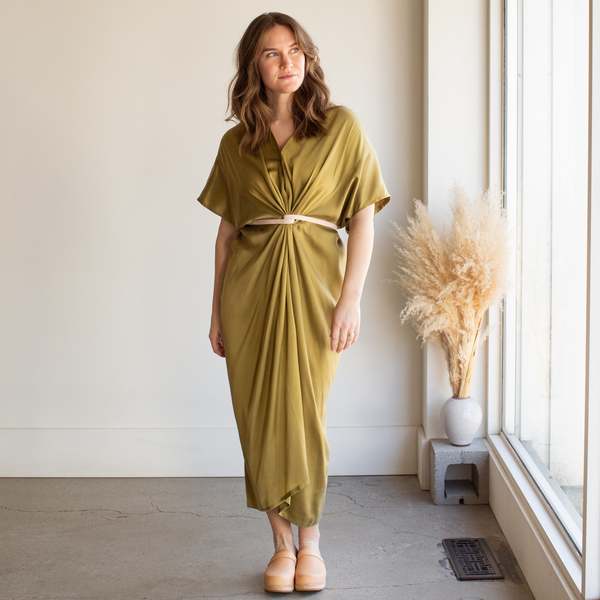 MIRANDA BENNETT Silk Charmeuse Knot Dress - Pericn/Iron | Garmentory