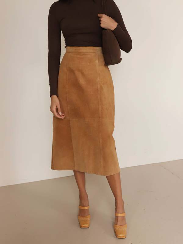 Bone Suede Midi Skirt
