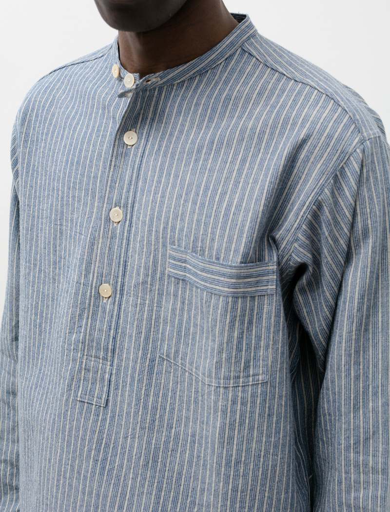 Taiga Takahashi Mens Lot 105 Band Collar P O Shirt - Indigo Stripe