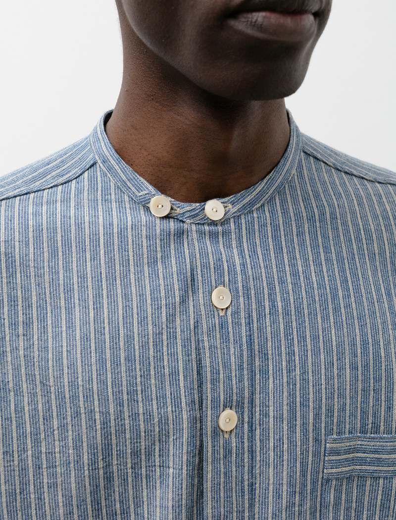 Taiga Takahashi Mens Lot 105 Band Collar P O Shirt - Indigo Stripe
