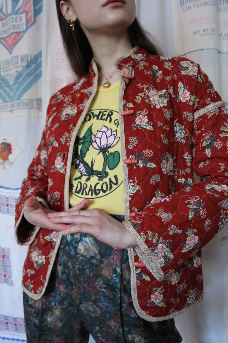 VINTAGE 3 Women 1970s Floral Cotton Quilted Jacket - Brick
