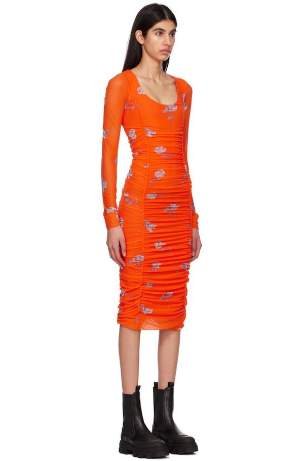 GANNI Ruched Midi Dress - Orangeade | Garmentory