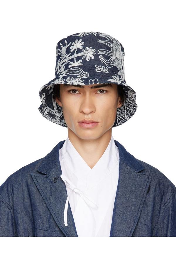 Engineered Garments Navy Embroidered Bucket Hat INDIGO FLORAL