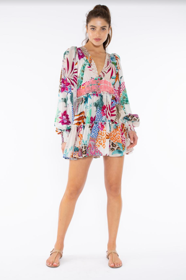 Taj V-neck Ruffled Mini Dress - Dark Floral Print | Garmentory