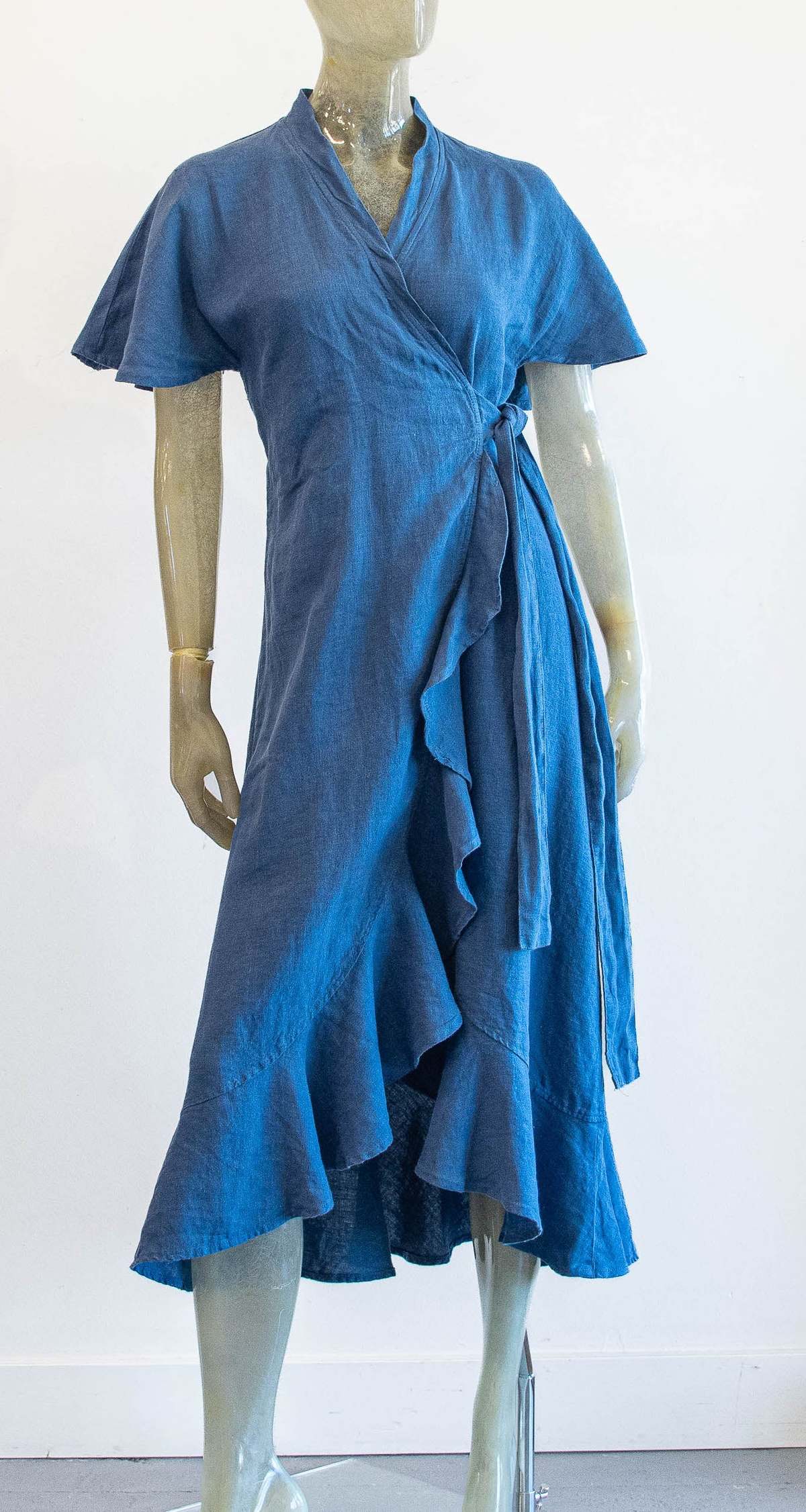 Yuvita Linen Wrap Dress with Flutter Cap Sleeves - Imperial Blue |  Garmentory