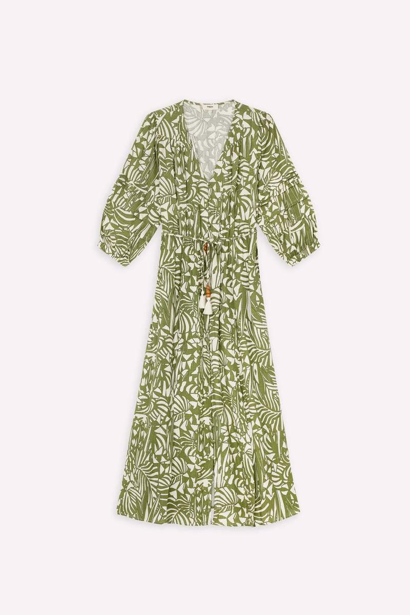 suncoo dress green Suncoo Calipso Vert Printed fitted long dress – Fifi & Moose Boutique main image 1