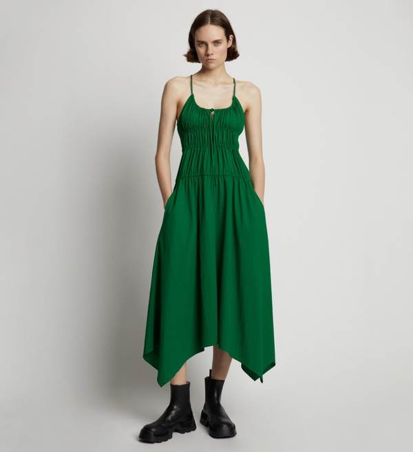 slim fit dress slacks Green Ruched Talia Midi Dress