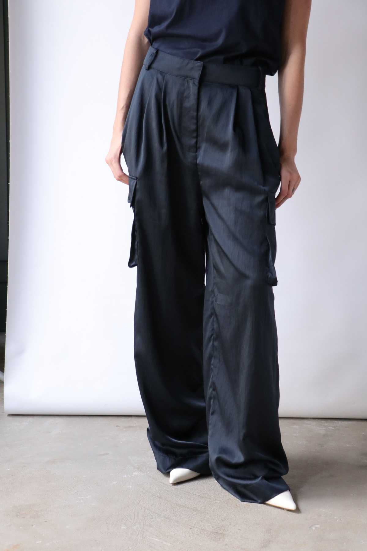 Tibi Shiny Nylon Pleated Stella Cargo Pant - Navy | Garmentory