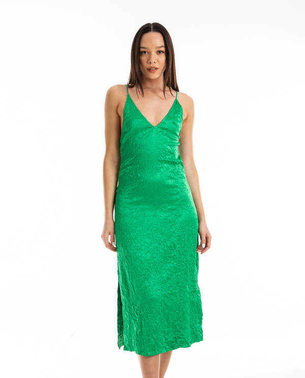 Ganni Crinkled Satin Slip Dress - Green | Garmentory