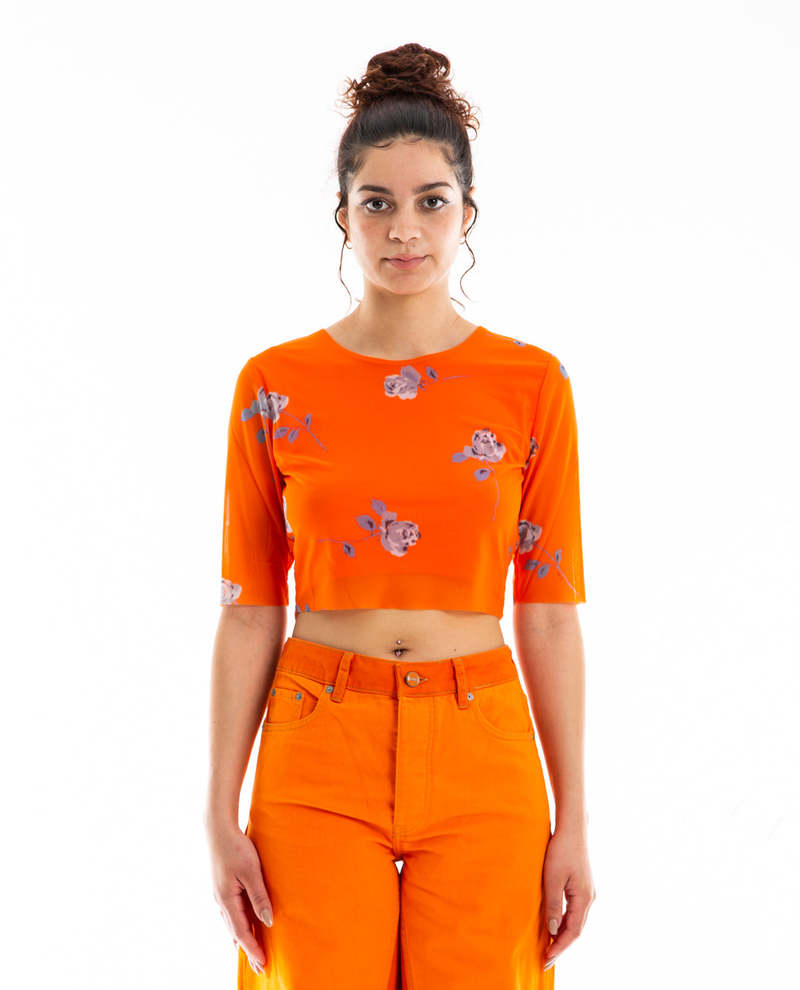 Ganni Printed Mesh Cropped Tee - Orange | Garmentory