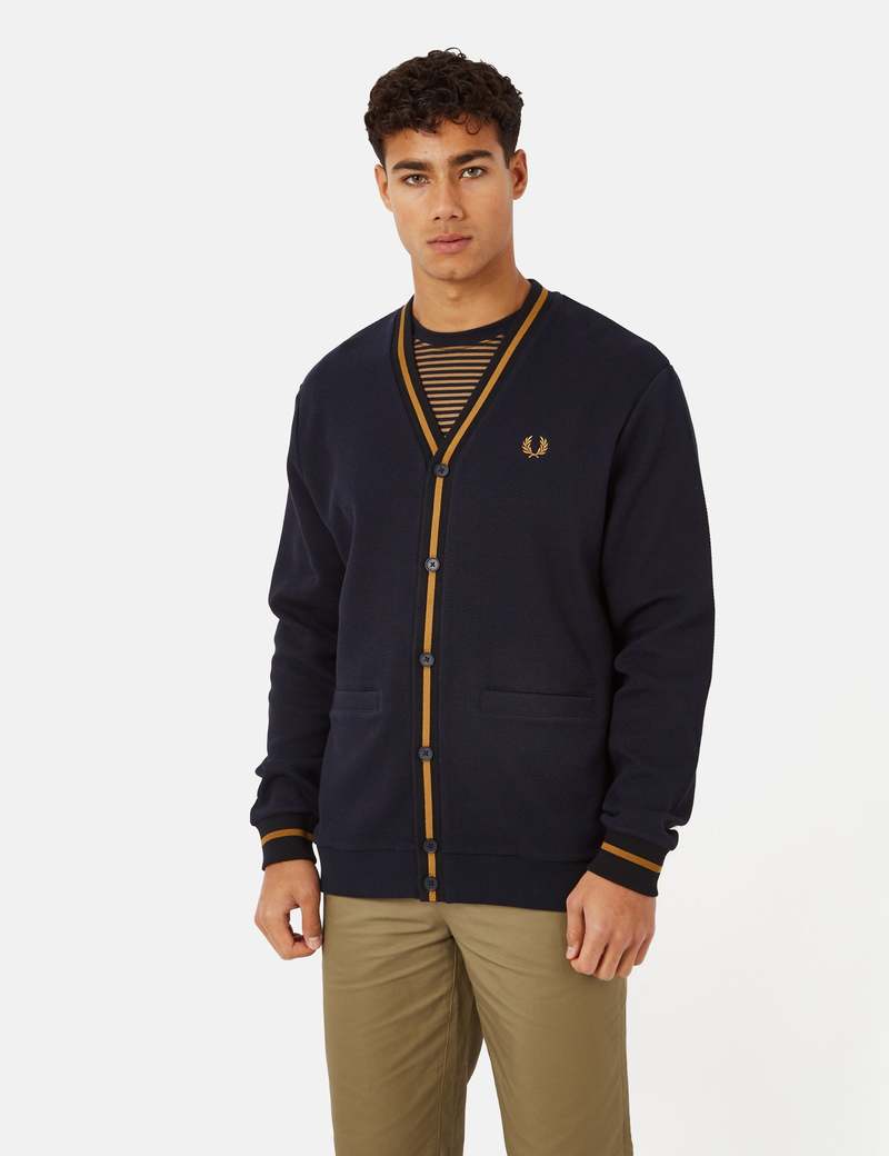 Fred Perry Tipped Pique Texture Cardigan - Navy Blue | Garmentory