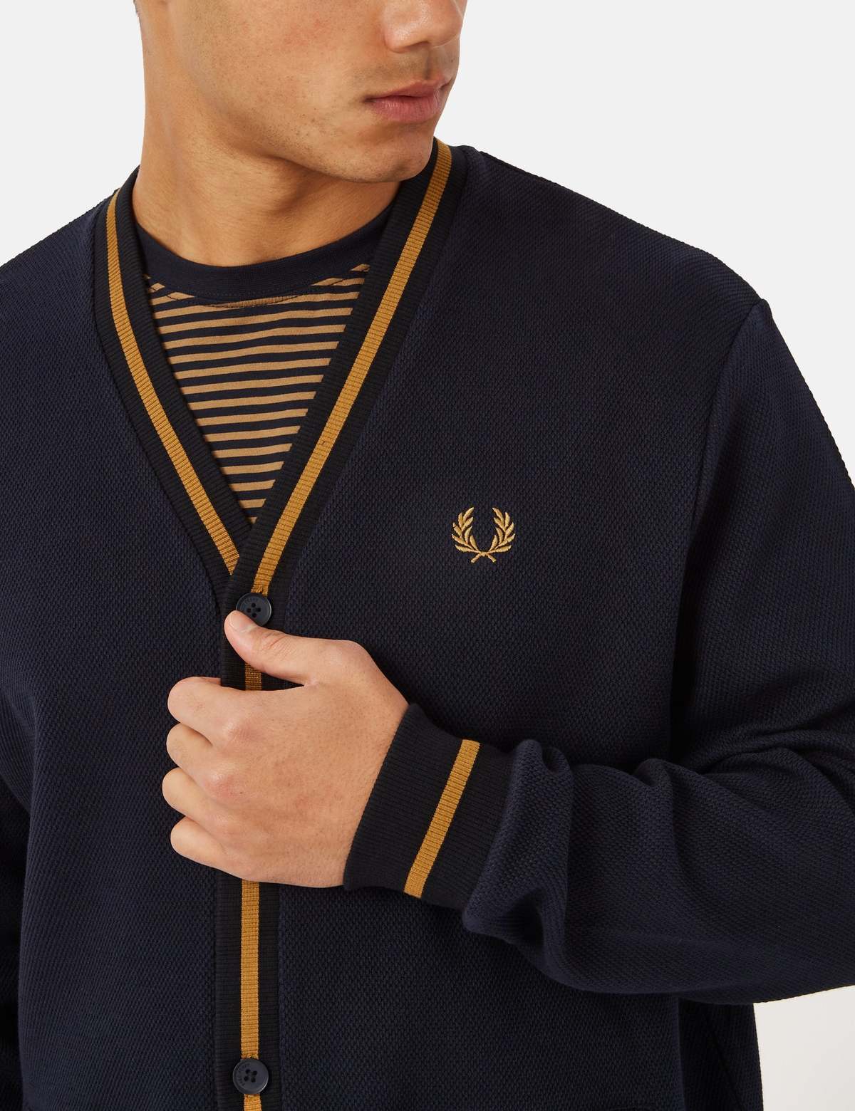 【専用】FRED PERRYTippedPiqueTextureCardigan Fred Perry Tipped Pique Texture Cardigan - Navy Blue | Garmentory