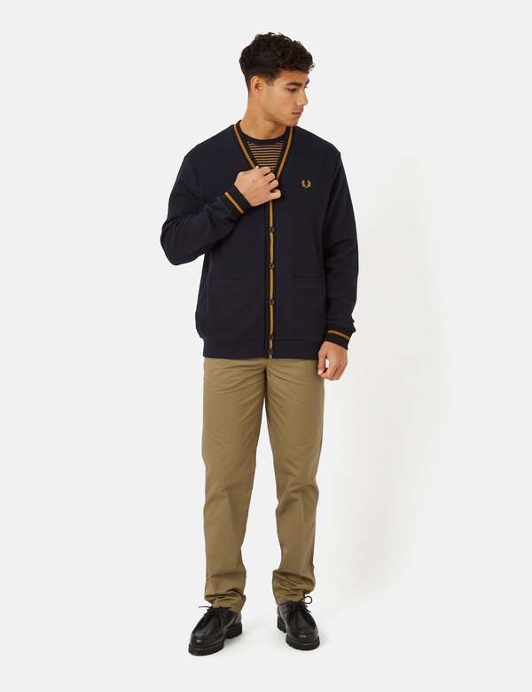 Fred Perry Tipped Pique Texture Cardigan - Navy Blue | Garmentory
