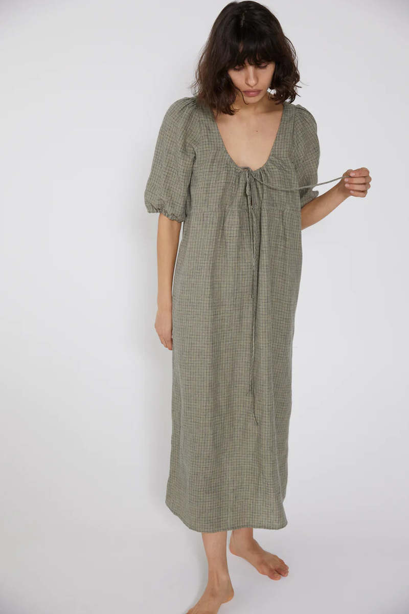 short sleeve linen dress with pockets Handmade Green Linen Cotton Dress – Fit and Flare Midi