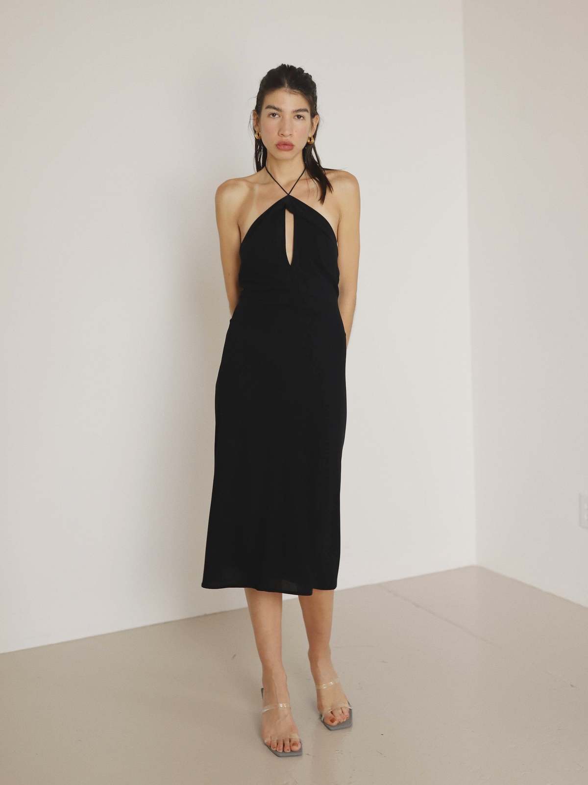 white christmas dresses Cutout Halter Sleeveless Midi Dress Black / Large