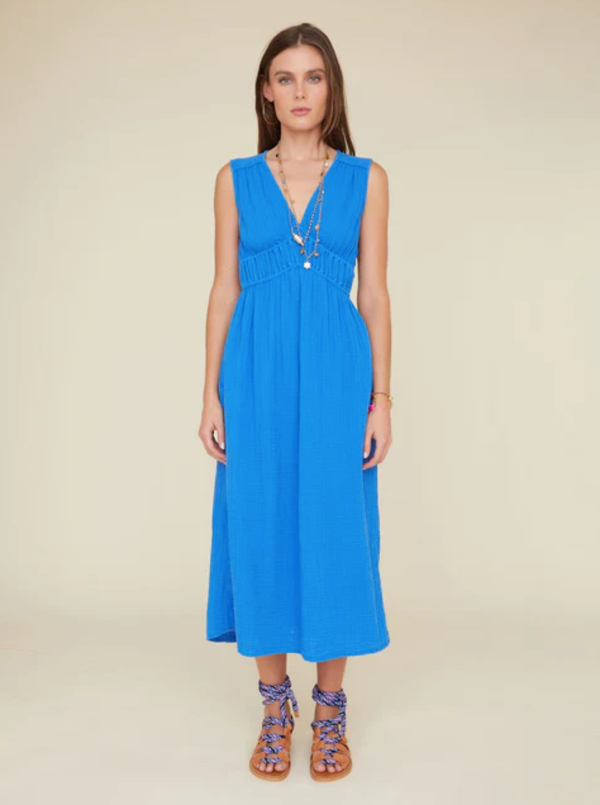 cobalt blue sparkly dress Audrey Dress #1 Shirt Collar 3/4 Sleeve Cotton Stretch_Del Mar Tile_Wh