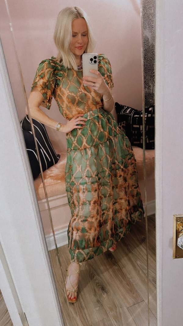 green emerald velvet dress Helen Gown - Portrait In Green Printed Sleeveless Silk Gown