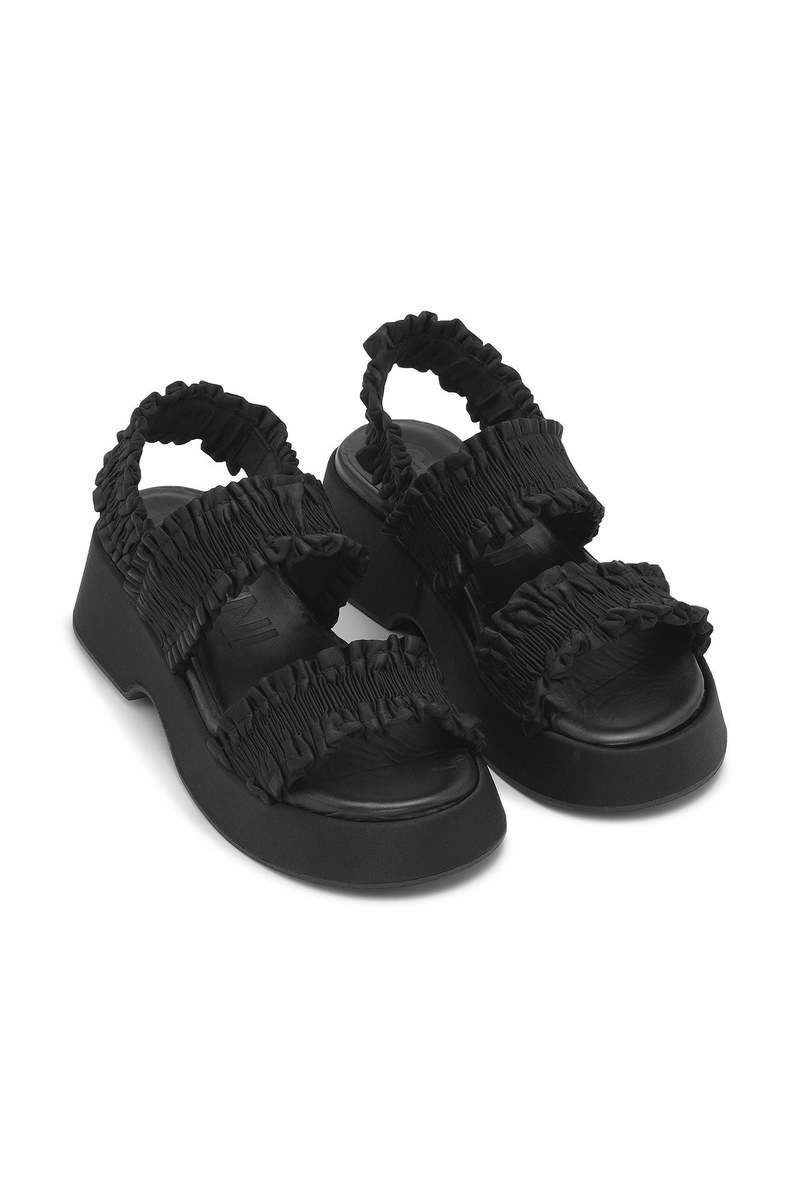 SMOCKED FLATFORM SLINGBACK SANDAL - BLACK | Garmentory