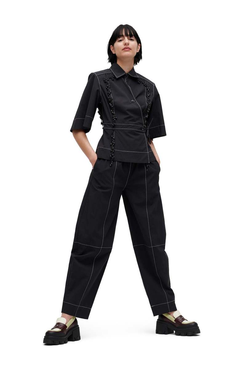 Ganni Elasticated Cotton Crepe Curve Pants - Black | Garmentory