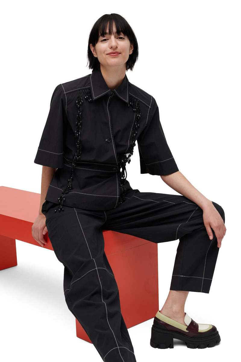 Ganni Elasticated Cotton Crepe Curve Pants - Black | Garmentory