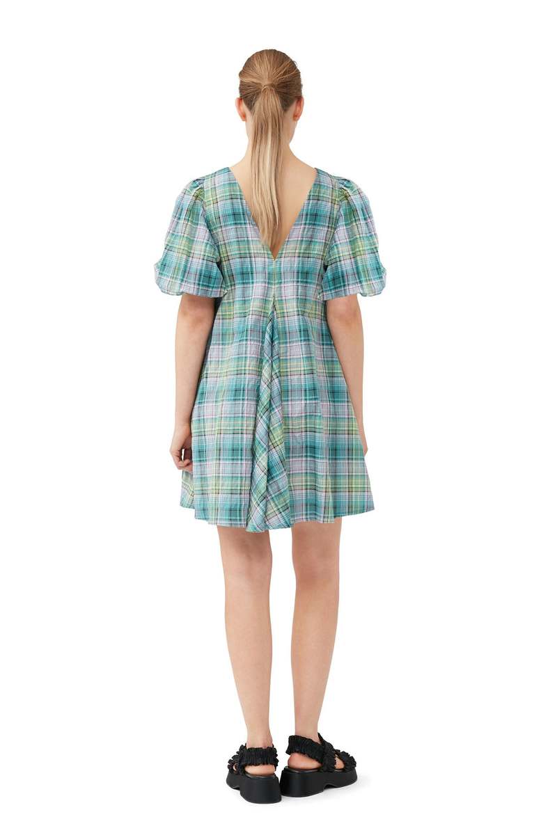 Ganni SEERSUCKER CHECK V NECK MINI DRESS - LAGOON | Garmentory