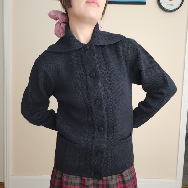70s Black Knit Collared Folk Cardigan