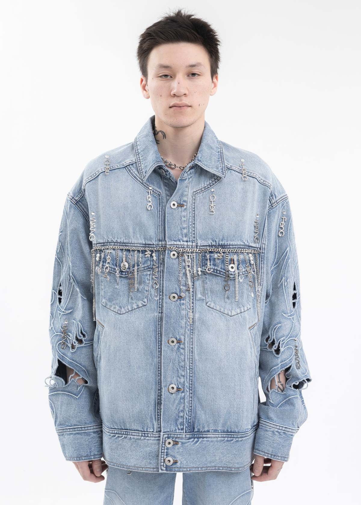 Feng Chen Wang Phoenix Cut-out Embroidered Washed Denim Jacket