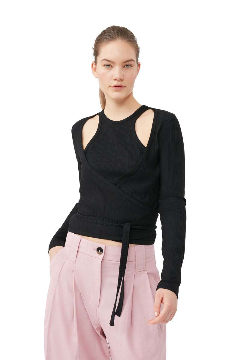 Ganni Rib Jersey Wrap Blouse - Black | Garmentory