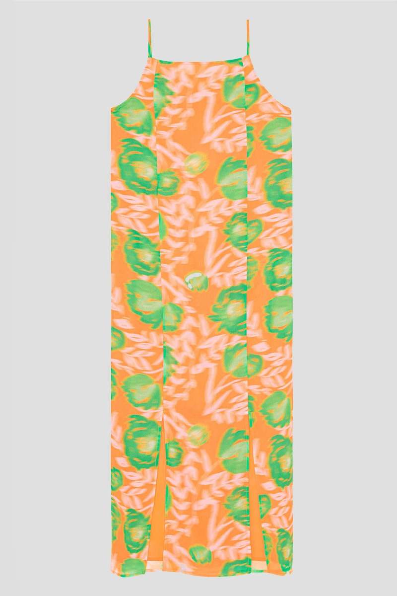 【GANNI】Printed Light Crepe OP Ganni Printed Light Crepe Slip Dress - Vibrant Orange
