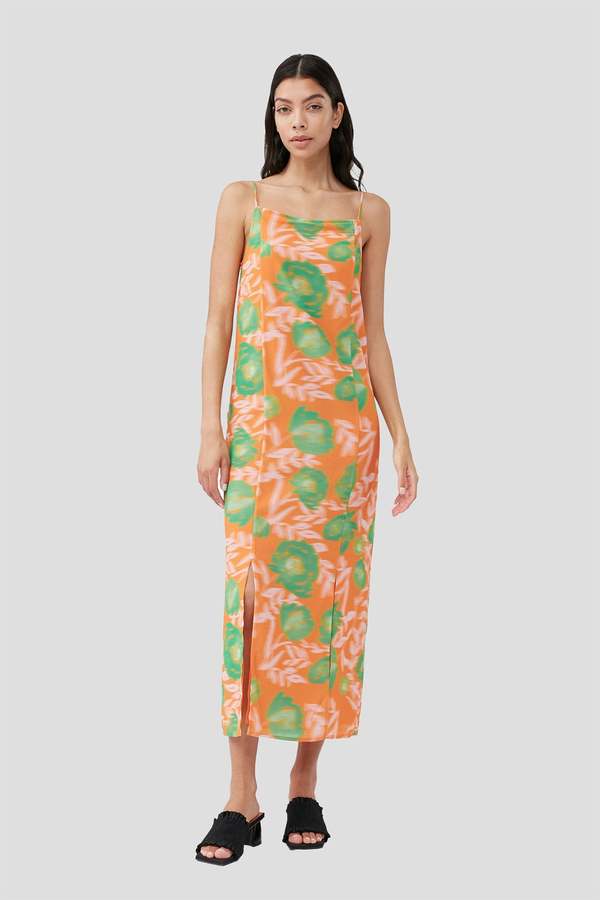 Ganni Printed Light Crepe Slip Dress - Vibrant Orange | Garmentory