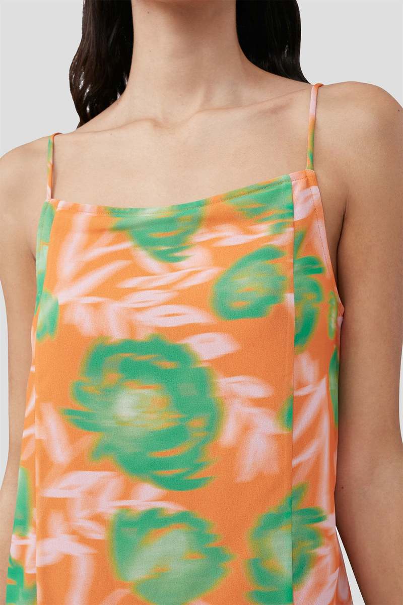 Ganni Printed Light Crepe Slip Dress - Vibrant Orange