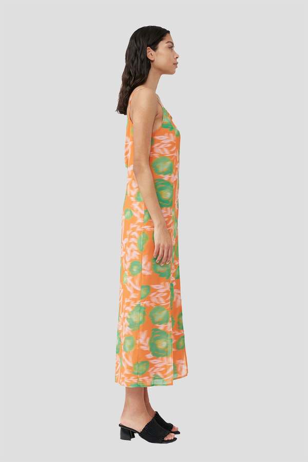 【GANNI】Printed Light Crepe OP Ganni Printed Light Crepe Slip Dress - Vibrant Orange