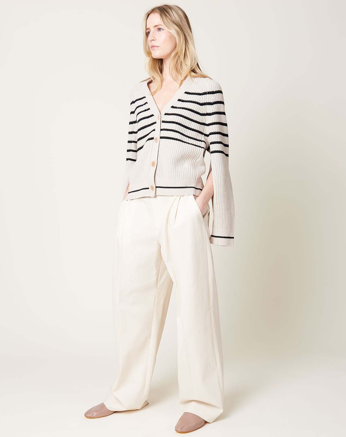 MARIA McMANUS Cocoon Split Sleeve Cardigan - Crema/Black Stripe  display picture 1