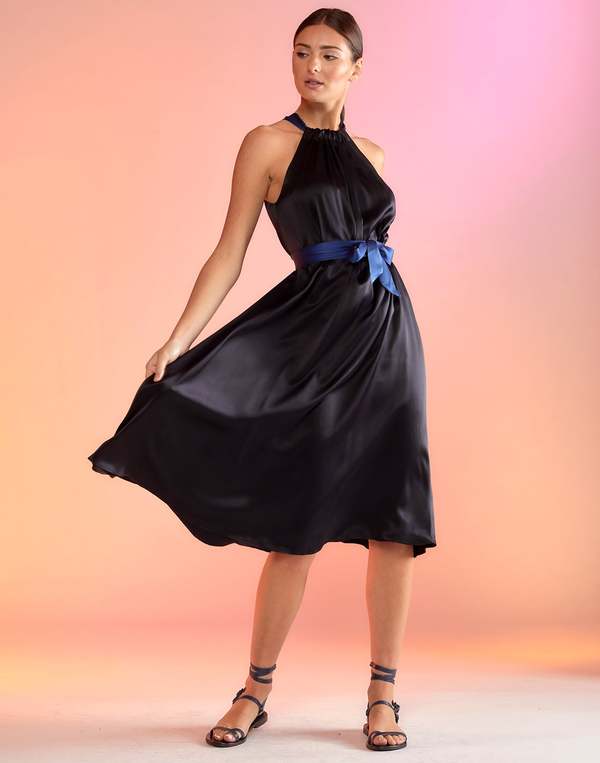 sachin and babi light blue dress Halter Gown with Draped Neckline and High Slit 41196